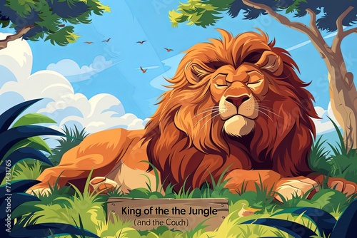 regal cartoon lion lounging in the savanna, its majestic mane blowing in the breeze, with a sign King of the Jungle (and the Couch) showcasing its dual roles as both apex predator and expert napper
