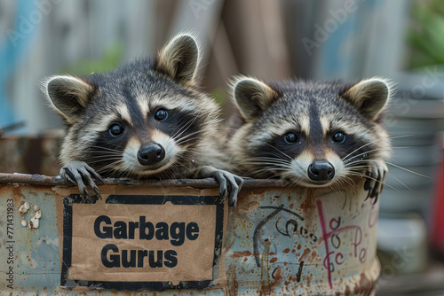 pair of mischievous raccoons peeking out from a trash can, their signs reading "Garbage Gurus," as they revel in their dumpster-diving expertise