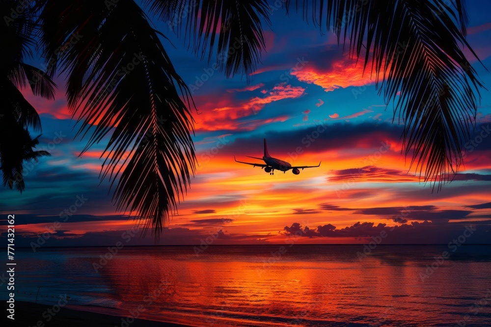 Tropical Getaway Airplane Silhouetted Against a Vivid Sunset Sky Over a Palm-Laden Beach