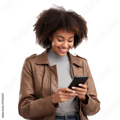 Happy African American woman using cell phone isolated on transparent or white background