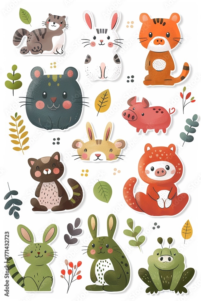 Obraz premium Adorable animal paper sticker set featuring a cat, rabbit, bear, pig, and frog, perfect for embellishing notebooks and planners, designed in a cute, flat design illustration, minimalist cartoon