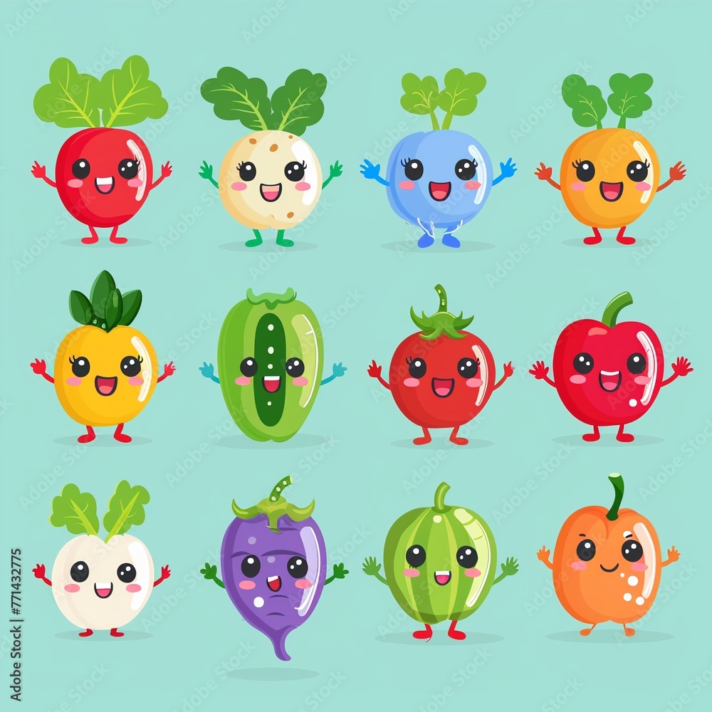 Fototapeta premium Brighten up learning with these charming vegetable characters, from root to pepper, each vegetable icon sports a cheerful smile, eyes, hands, and legs, rendered in a cute cartoon kawaii style, ideal f