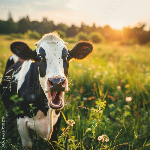 Cow With Open Mouth in Green Meadow Bathed in Beautiful Sunshine