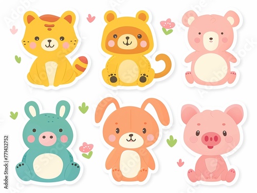 Bright and cheerful paper sticker set  including a kitten  bunny  bear  pig  and frog  designed to beautify checklists  cards  and notepad sheets  in a cute  flat design vector illustration  minimalis
