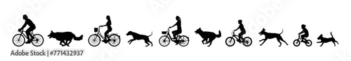 Parent and children cycling together with dogs side view silhouettes set © Andreas