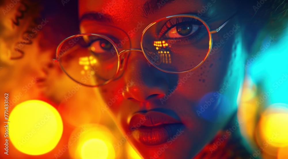 Close-up of a young woman with glasses in vibrant neon lighting, highlighting her features with a mysterious allure.