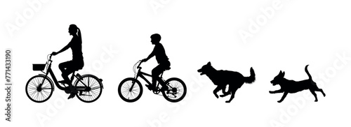 Mother and son family riding bicycle together with dogs running vector illustration.