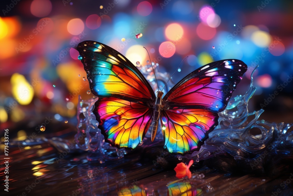 a vibrant and dynamic digital artwork featuring a neon butterfly against a mesmerizing abstract background