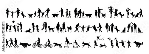 Silhouette set of people outdoors activities with dogs vector illustration.