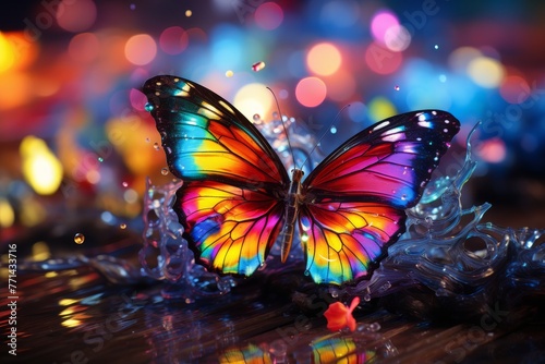 a vibrant and dynamic digital artwork featuring a neon butterfly against a mesmerizing abstract background