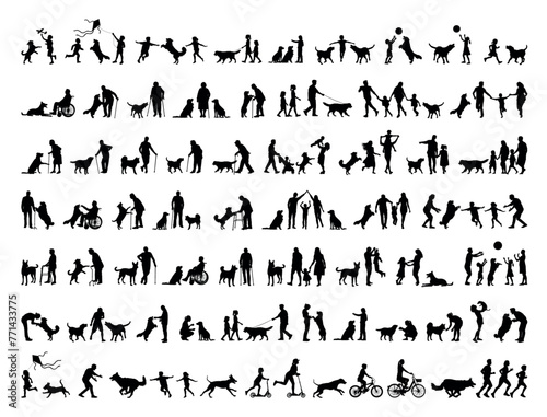 People indoors outdoors activities with dogs silhouette set vector illustration.