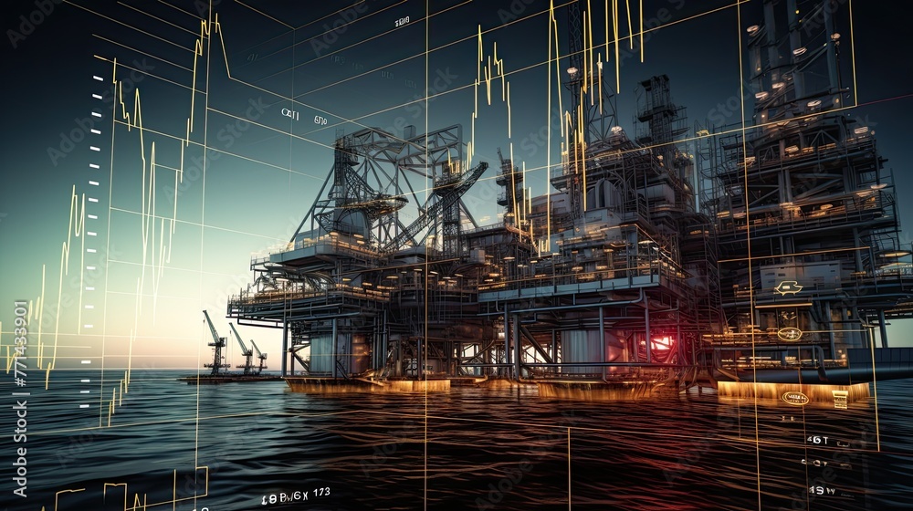 stock market charts with a offshore oil platform in the background,