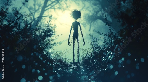 dark silhouette of a humanoid in a foggy forest horror
