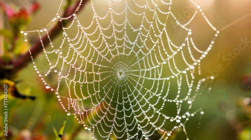 Perfectly symmetrical spider web adorned with dewdrops glistening in the morning sun against a blurred natural backdrop