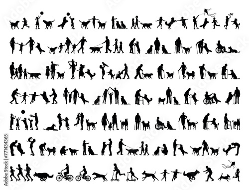 Silhouette set of people indoors outdoors activities with dogs vector illustration.