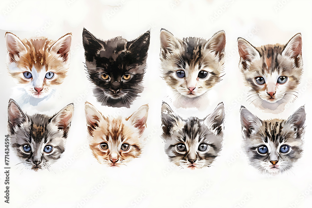 cute watercolor kittens isolated on white background
