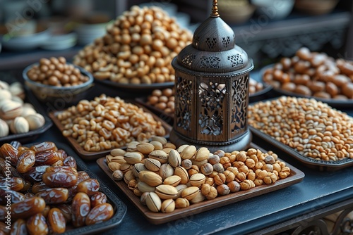 Ramadan Kareem Muslim food. Trays of dates and nuts, wooden lantern in form of mosque on dark blue table