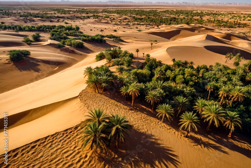 Aerial photography of sand dunes and trees in an oasis in Sahara desert. Bird's-eye view of hang glider on vast expanses of desert, near city of El Jam, Tunisia, Africa. Selective focus