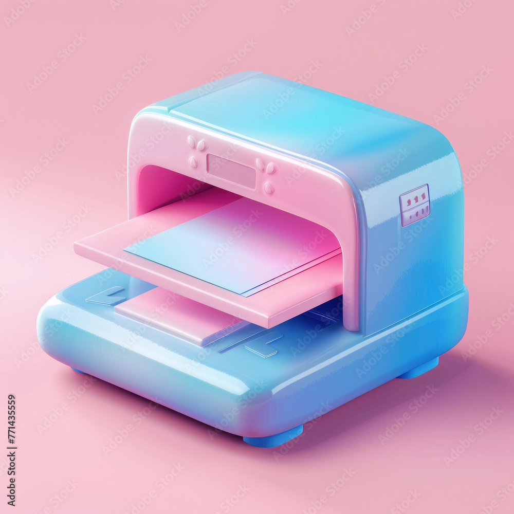 Pastel-colored modern 3D illustration of a stylized printer with a sheet of paper, against a pink background reflecting a minimalist design concept Pastel-colored modern 3D illustration of a stylized printer with a sheet of paper, against a pink background reflecting a minimalist design concept