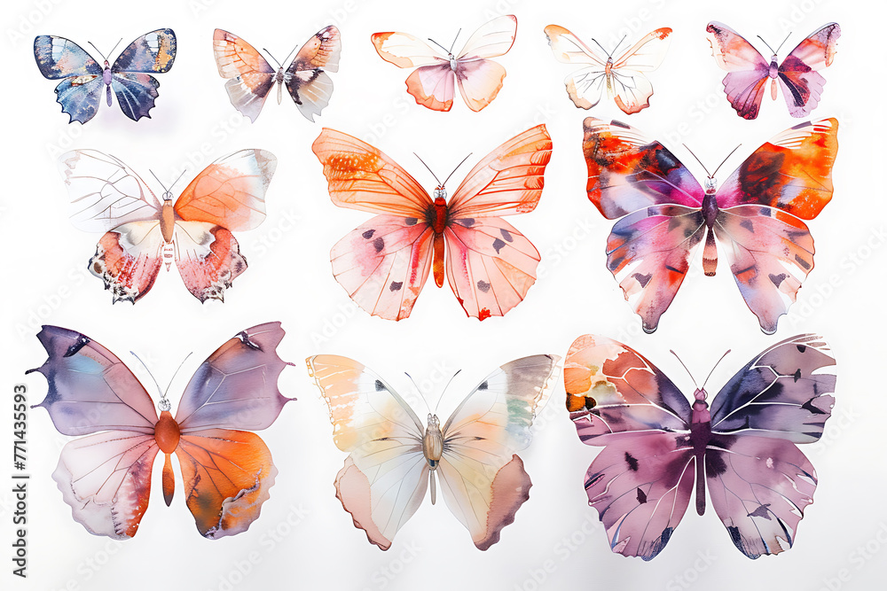 set of watercolor butterflies isolated on a white background
