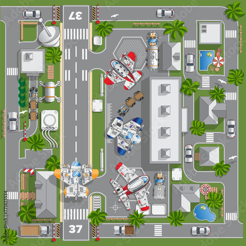 City infrastructure. Passenger airport. View from above. Vector illustration.