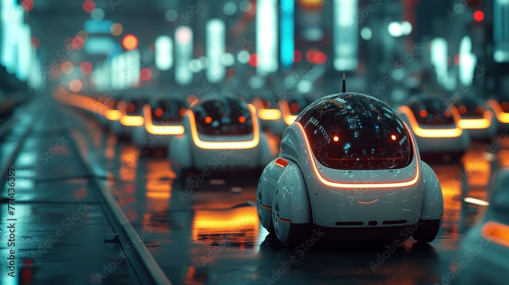 city of the future with androids and cars on the street