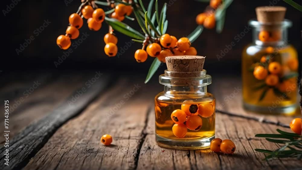 Bottle with cosmetic oil, fresh sea buckthorn on an old background Bottle with cosmetic oil, fresh sea buckthorn on an old background