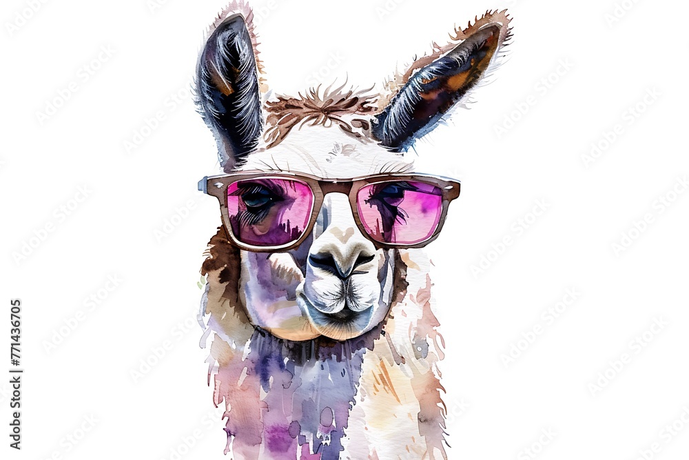 watercolor llama alpaca in sunglasses isolated on white background