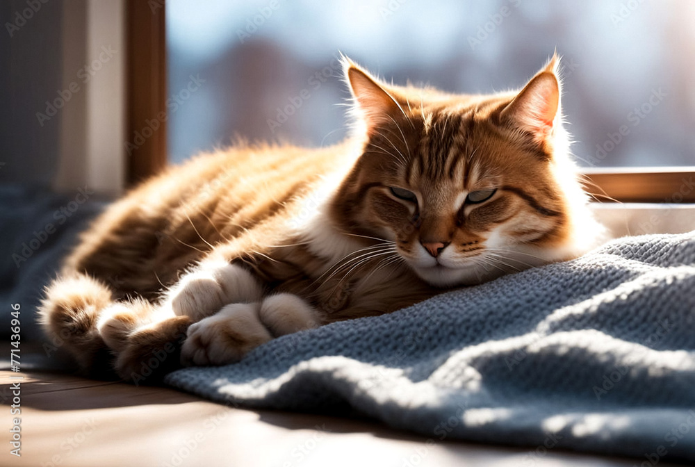 Portrait of cute cat sleeping in sunlight on blanket. Close-up of sleeping cat's face