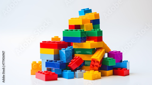 Colorful Interlocking Plastic Bricks and Blocks on White Background
