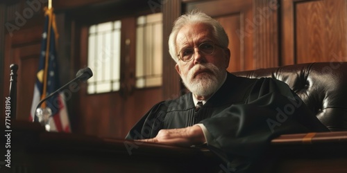 A judge in a black robe presiding over a court session.  photo