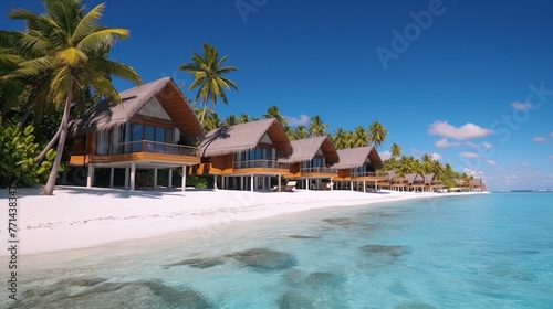 Water Villas (Bungalows) on the Perfect Tropical Island, Beautiful white sand on Tropical beach blue water blue sky with coconut palm