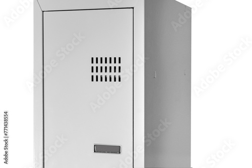 Fragment of the door of metal lockers for locker room. Change room metal locker box on the white background isolated.