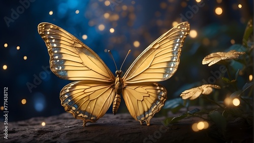 "A magical night scene unfolds under the starry sky, illuminated by the soft glow of the moon. A vibrant butterfly, with delicate wings adorned in shimmering gold glitter, flutters gracefully amidst t
