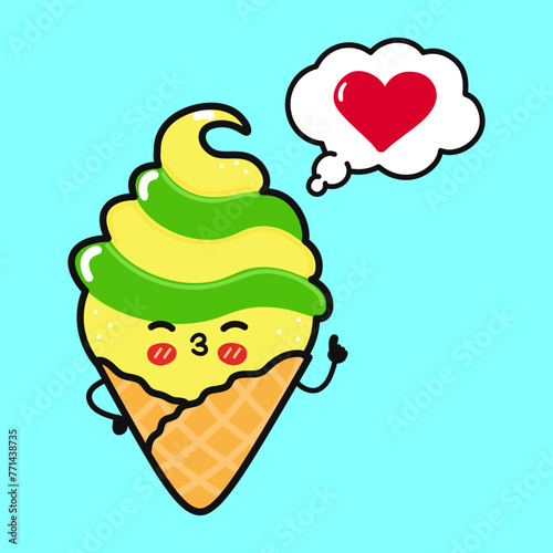Ice cream doing yoga with speech bubble. Vector hand drawn cartoon kawaii character illustration icon. Isolated on blue background. Ice cream in love character concept