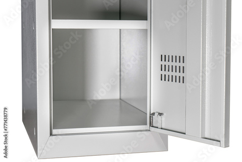 Fragment of the door of metal lockers for locker room. Change room metal locker box on the white background isolated.