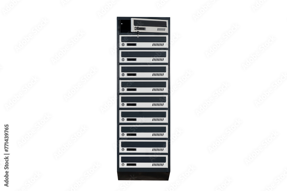 Mailboxes in the condo. metal mailbox with lockable center in condo. Mailbox on the white background isolated Mailboxes in the condo. metal mailbox with lockable center in condo. Mailbox on the white background isolated