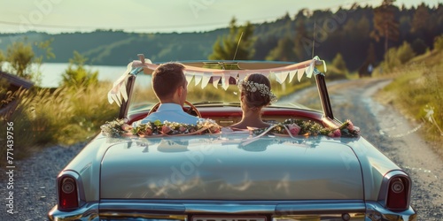 Newlyweds driving away in a vintage car decorated with ribbons.