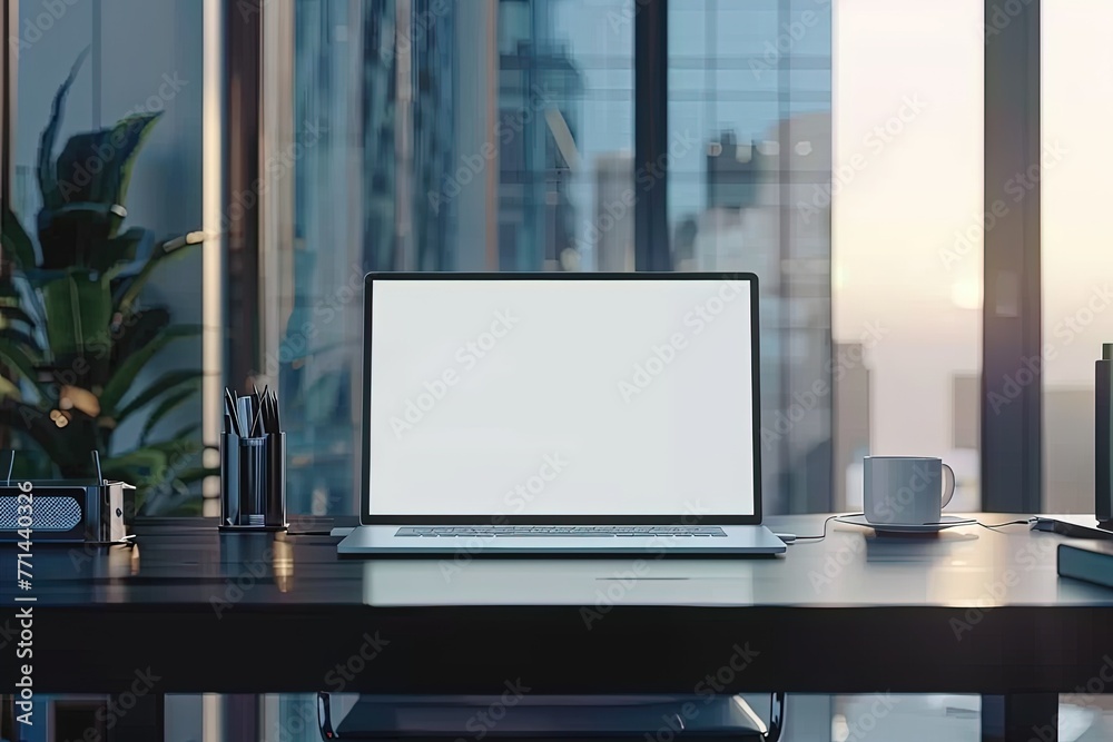 Fototapeta premium SereneTech: Light Beige Laptop Mockup with Plant Shadows
