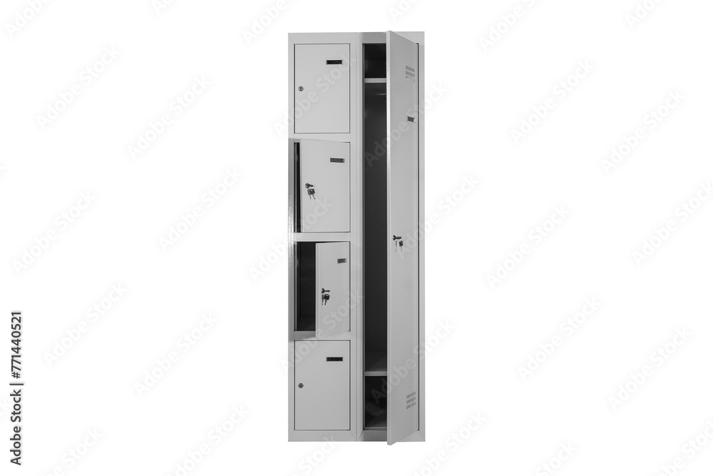 Metal lockers for locker room. Change room metal locker box on the white background isolated Metal lockers for locker room. Change room metal locker box on the white background isolated