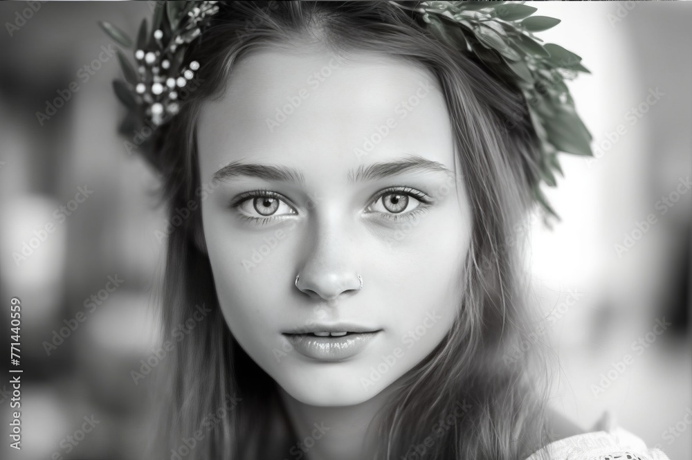 Fototapeta premium Beautiful girl with a wreath in her hair, face of a young teenage girl, black and white photo