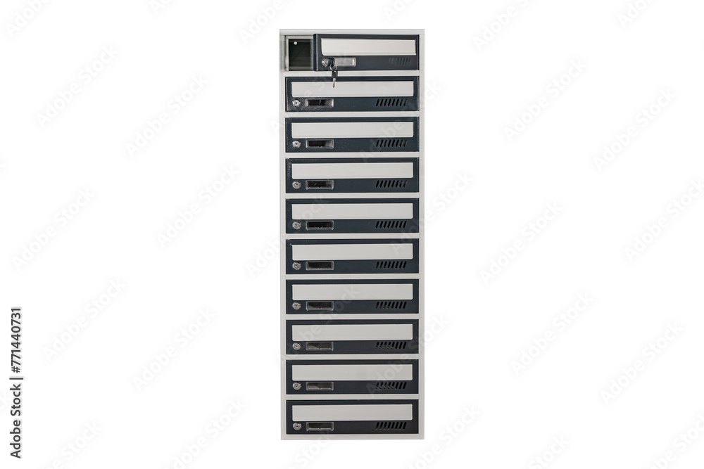 Mailboxes in the condo. metal mailbox with lockable center in condo. Mailbox on the white background isolated Mailboxes in the condo. metal mailbox with lockable center in condo. Mailbox on the white background isolated