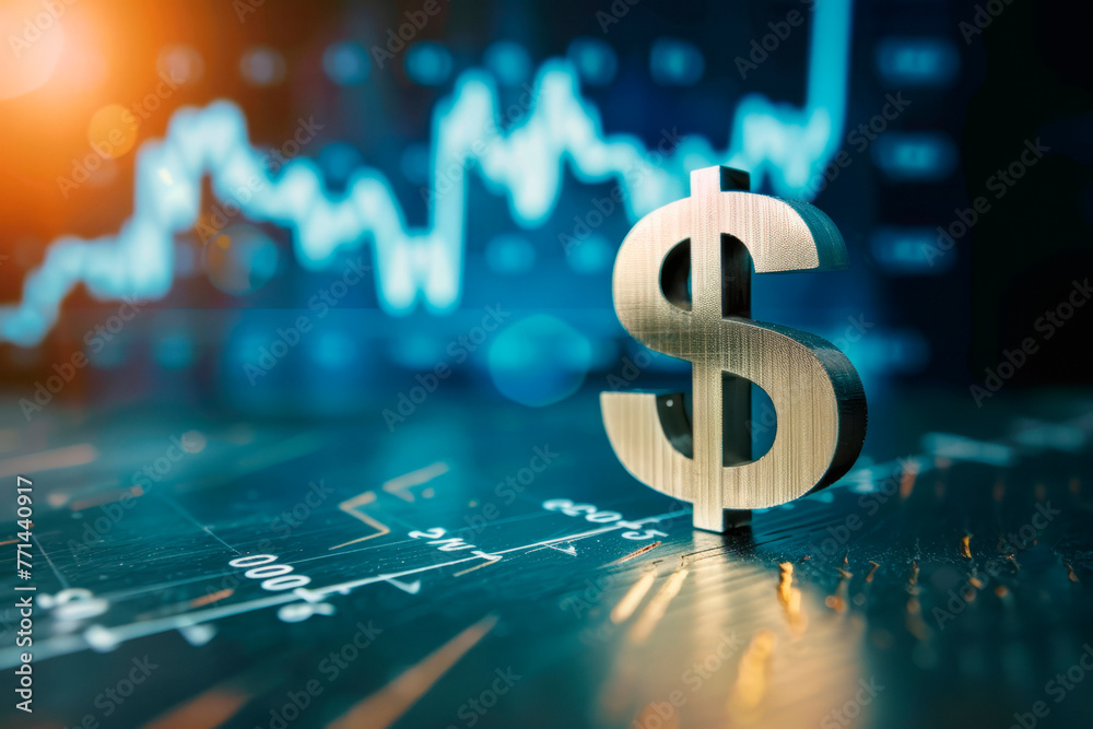 Fototapeta premium American Dollar symbol standing on wood surface in front of a graph. Concept of growth.