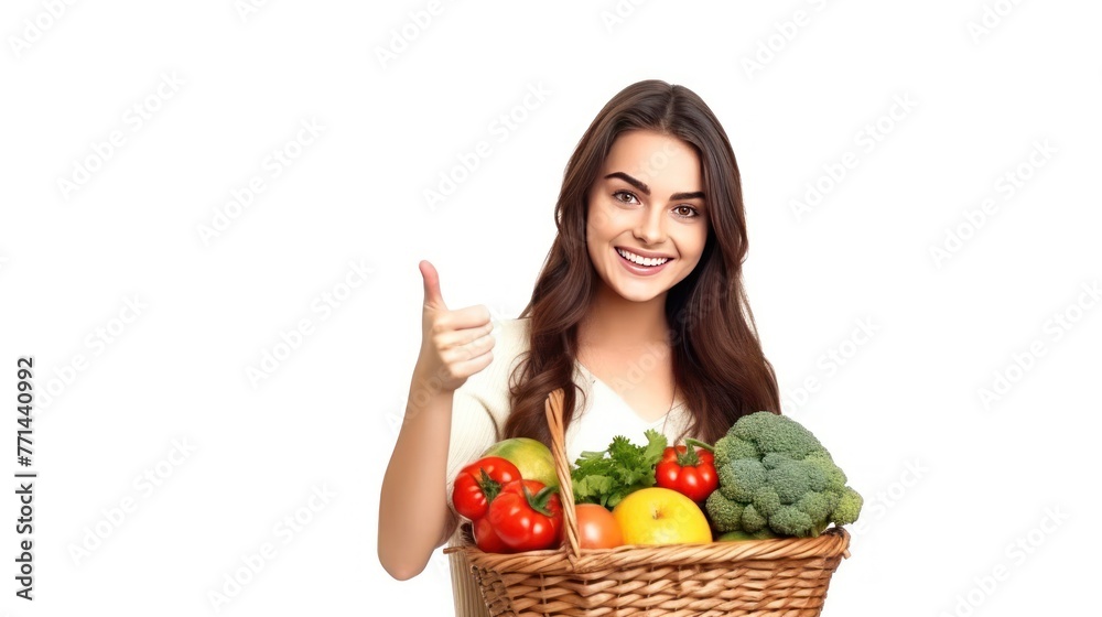 Young Colombian woman holding a shopping basket full of food isolated on white background Young Colombian woman holding a shopping basket full of food isolated on white background