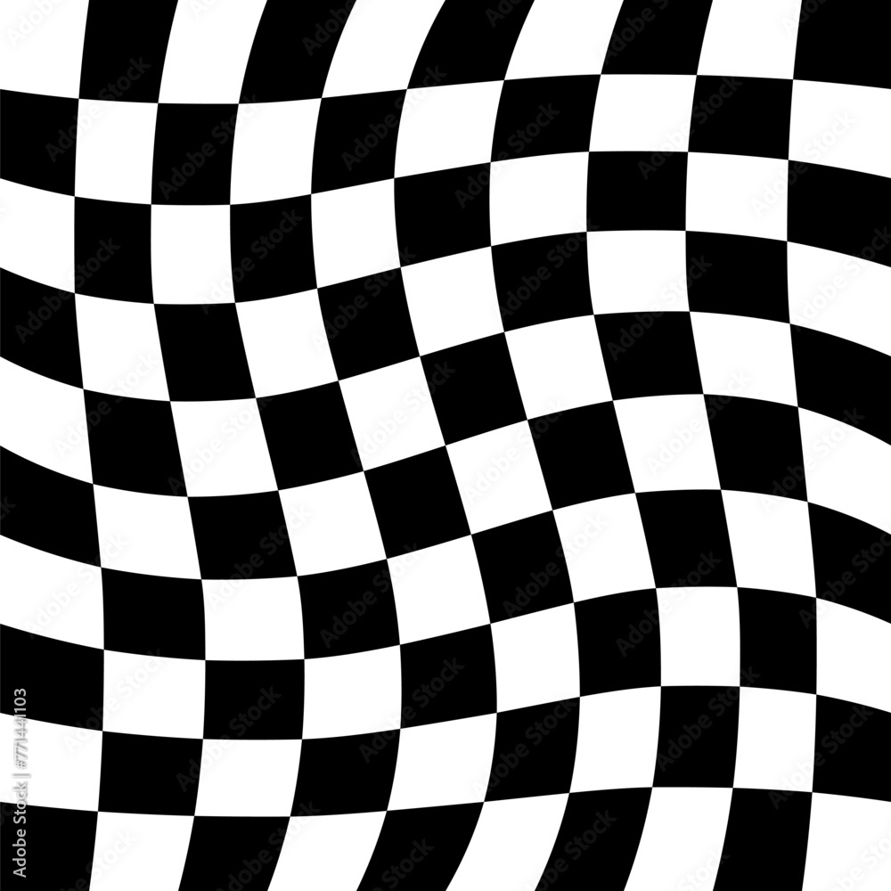 Black and white seamless checker pattern vector illustration. Wavy chess board. Abstract checkered checkerboard for game. Grid geometric square shape. Race flag. Retro mosaic floor