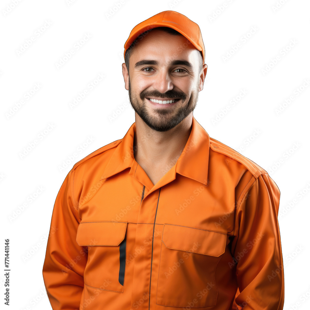 male employee in an orange uniform is smiling male employee in an orange uniform is smiling