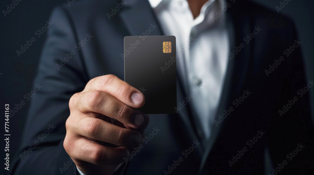 Man in a suit presenting a black credit card, signifying luxury, exclusivity, and high-class financial status Man in a suit presenting a black credit card, signifying luxury, exclusivity, and high-class financial status
