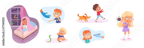 Kids fears vector illustration set. Children afraid. Scared boys and girls with childish phobias. Frightened cartoon characters. Children therapy. Kid psychologic support photo