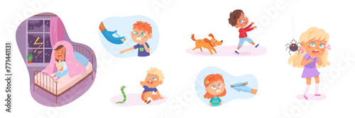 Kids fears vector illustration set. Children afraid. Scared boys and girls with childish phobias. Frightened cartoon characters. Children therapy. Kid psychologic support