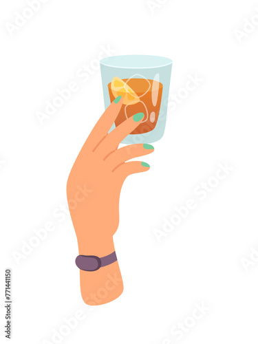 Woman hand with glass of alcohol cocktail or drink with ice and lemon vector illustration isolated on white background. Female holds goblet with wine. People celebrating with toasts and cheering